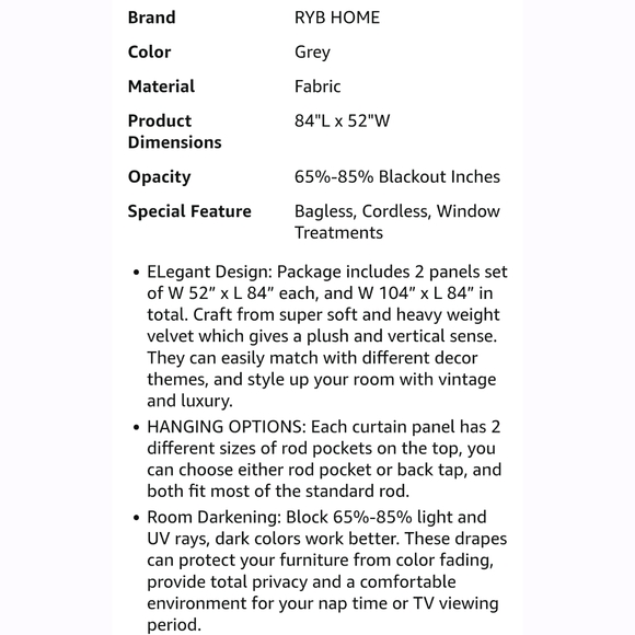 RYB Home NWT 2 Pannels 52"x84" Gray Velvet Curtains 65% Blackout - Picture 7 of 11